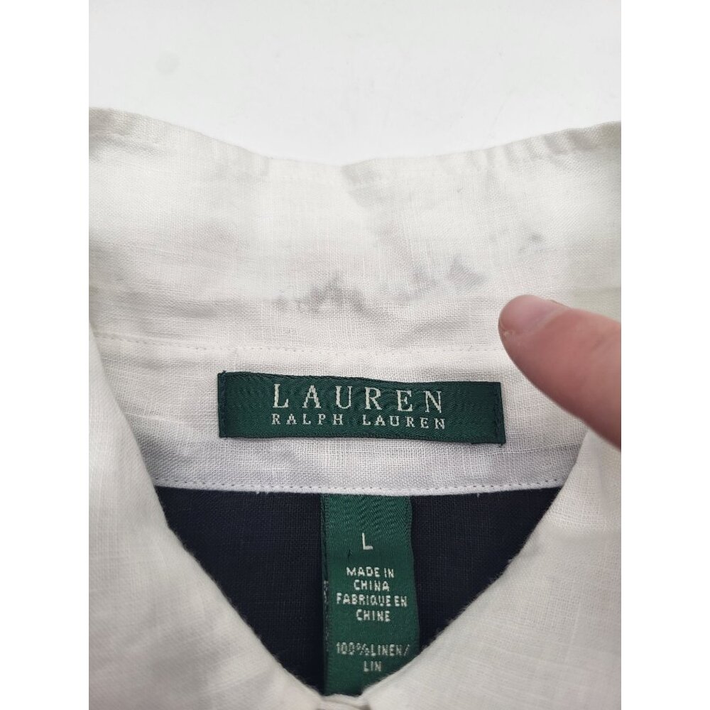 LAUREN RALPH LAUREN Women's SZ L Black Linen Blouse White Collar Gold Buttons - Picture 5 of 7